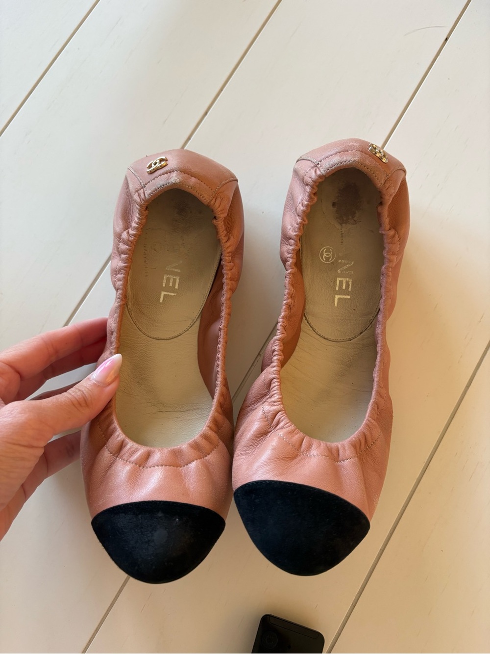 CHANEL  Leather Ballet Flats with Black Cap Toe